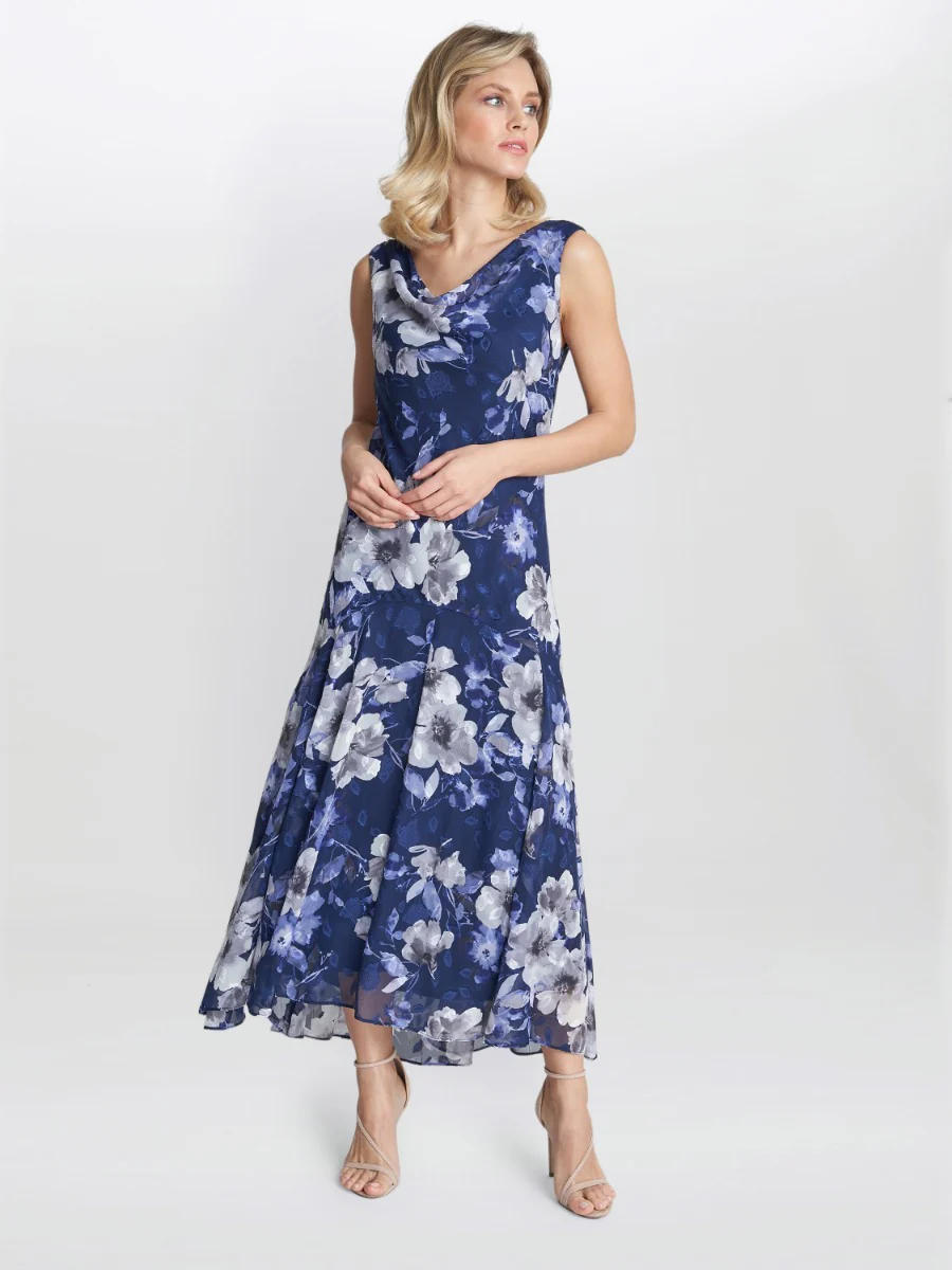 Dahlia Midi Length Sleevless Printed Dress And Shawl - Image 3