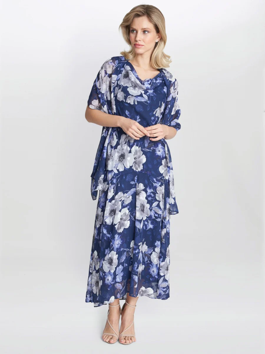 Dahlia Midi Length Sleevless Printed Dress And Shawl - Image 4