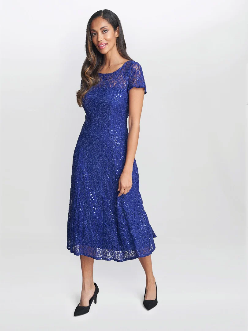 Demi Cap Sleeve Midi Length Sequin Lace Dress - Image 4