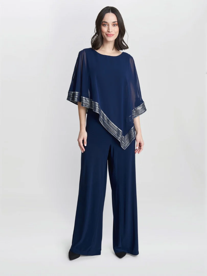 Eve Asymmetrical Cape Jumpsuit With Foil Trim - Image 4
