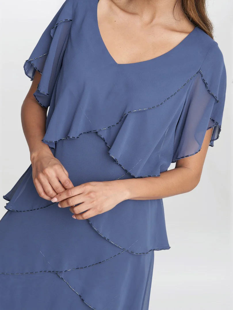 Fleur Midi V Neck Tier Dress With Bugle Beads - Image 3