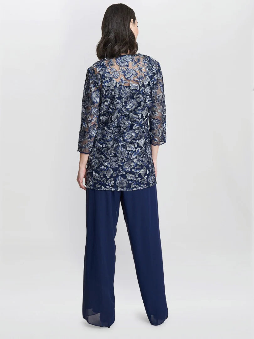 Nikki 3 Piece Trouser Suit With Embroidered Tank Top And Elongated Jacket - Image 3