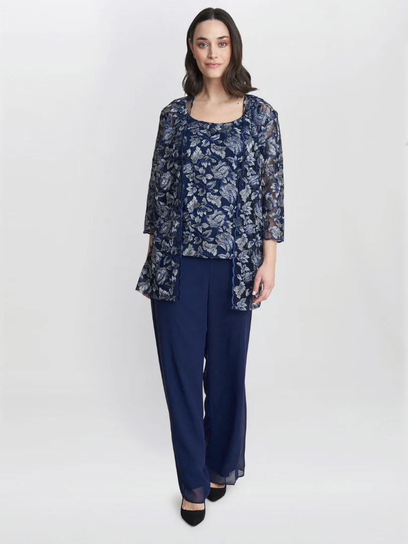 Nikki 3 Piece Trouser Suit With Embroidered Tank Top And Elongated Jacket - Image 5